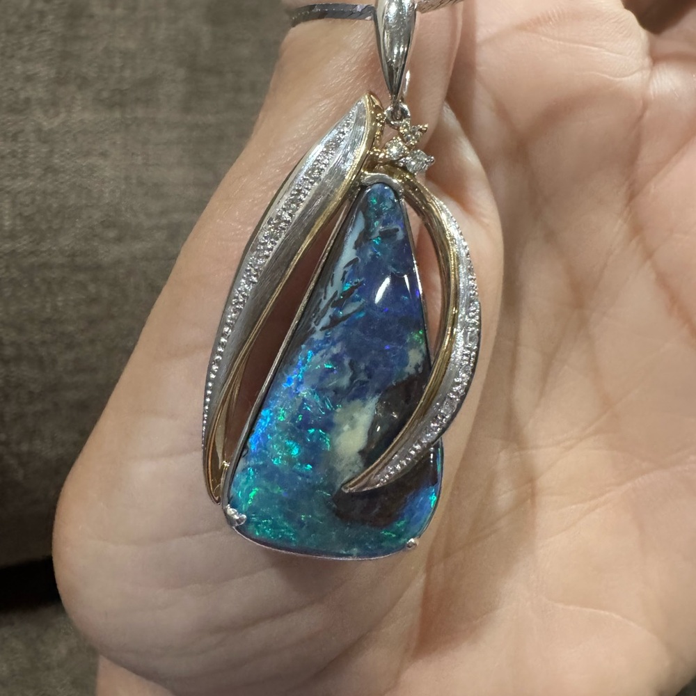 Platinum & 18K Gold Boulder Opal, Diamonds Pendant 18.78 CT Opal, 14K Gold Chain